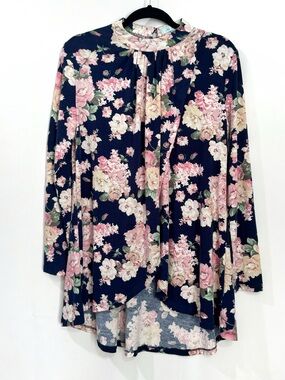 She & Sky Navy Floral Top Womens Medium Long Sleeve with Keyhole Cutout Shirt
